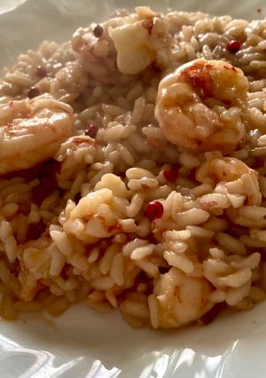 A picture of Risotto with Shrimp, Pink Peppercorns, and Lemon.