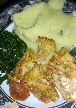 A picture of Mashed potatoes with rosemary baked fish fillet#potatocontest.