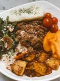 💛Bowl tropical con carne molida, auyama y zanahoria asada, arroz integral y puré de papa 💛