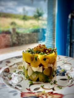 Una foto de Timbal de mango, aguacate y queso fresco