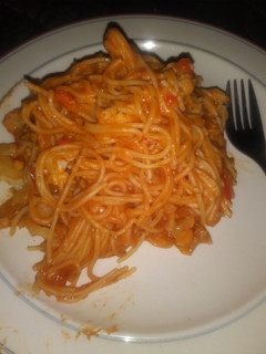 A picture of Cauliflower Spaghetti With Bell Peppers & Garlic.
