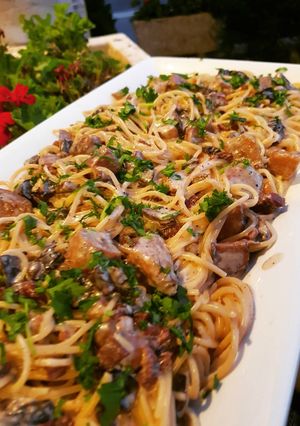 صورة لوصفة سباجيتي بالبسطرما والفطر مع الكريمة