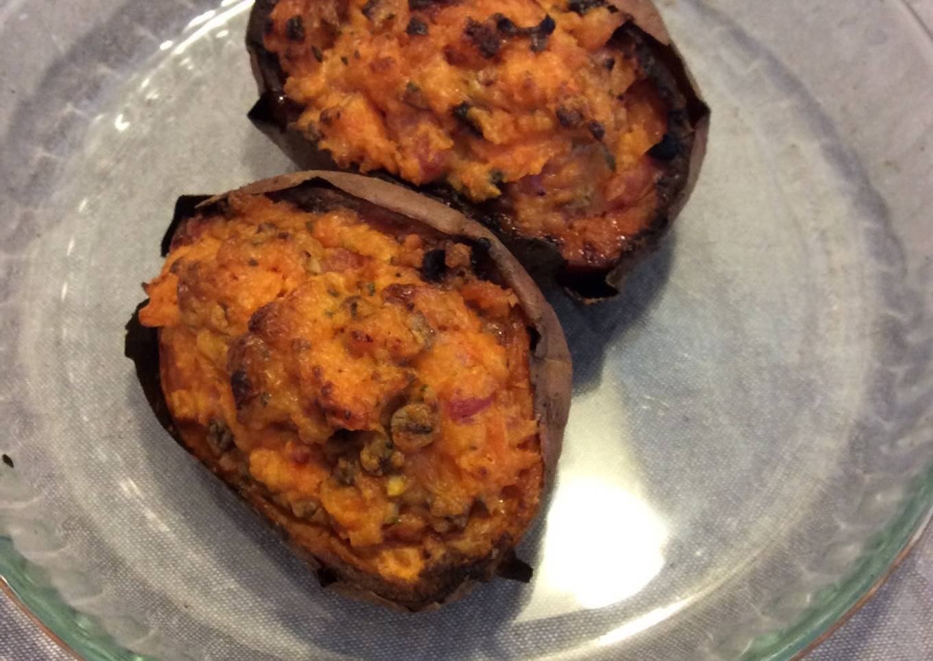 Patate douce farcie champignons et lardons