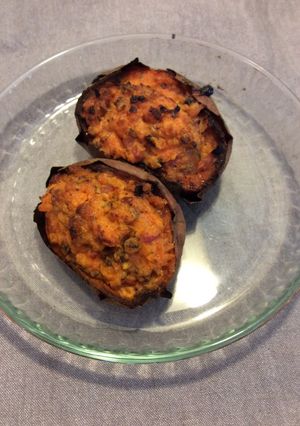Une photo de Patate douce farcie champignons et lardons