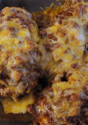 A picture of Chili cheese hassleback potatoes.