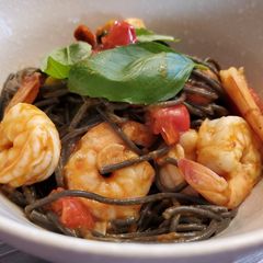 A picture of Squid Ink Pasta with Shrimp.
