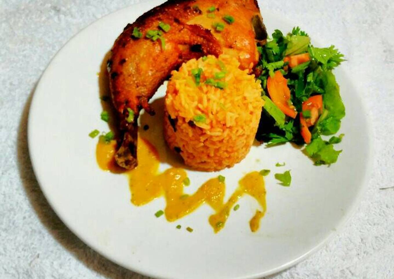 Jollof Rice with Oven Grilled Chicken and Chinese Salad