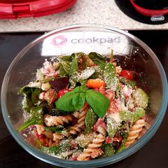 A picture of My Italian inspired Pasta Salad with pancetta. 😀.