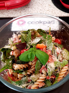 A picture of My Italian inspired Pasta Salad with pancetta. 😀.