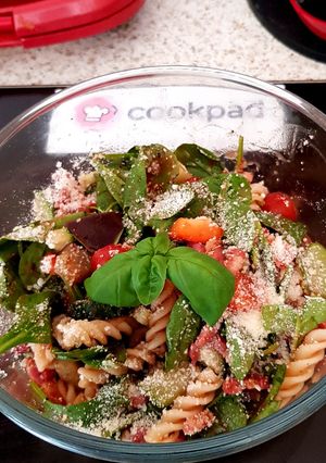 A picture of My Italian inspired Pasta Salad with pancetta. 😀.