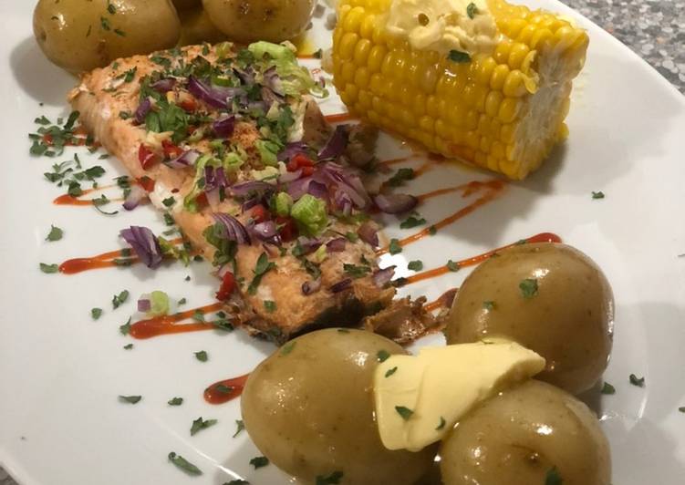 Recipe of Quick Light Chilli Salmon With Baby Potatoes