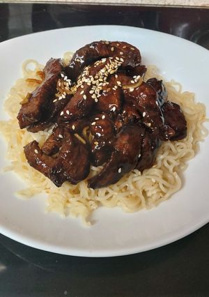 A picture of My Sticky Beef Strips marinated in a lovely Sauce.