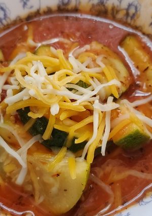 A picture of Zucchini Tomato Italian Sausage Soup.