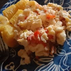 Boiled plantain with fried eggs A picture of Boiled plantain with fried eggs.