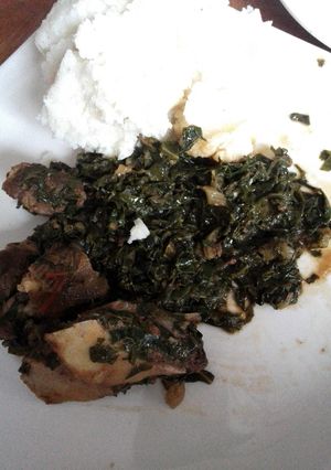 A picture of Fried kales + Left over Meat.
