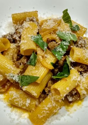 A picture of Brown butter, lemon, and sausage pasta.