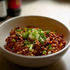 A picture of Alvin's Grandpa's Liang Mian (Chilled Noodles) with Peanut Butter and Chicken.
