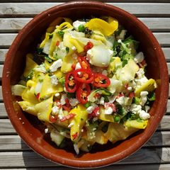 Summer courgettes with feta, mint and chilli A picture of Summer courgettes with feta, mint and chilli.