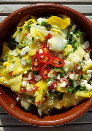 A picture of Summer courgettes with feta, mint and chilli.