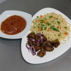 Spaghetti, Fish chunks and Stew A picture of Spaghetti, Fish chunks and Stew.