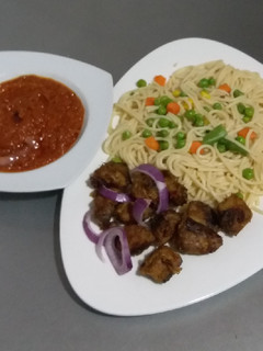 A picture of Spaghetti, Fish chunks and Stew.