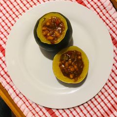 A picture of Gem squash and baked beans.