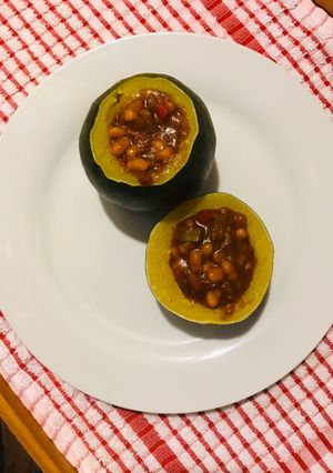 A picture of Gem squash and baked beans.
