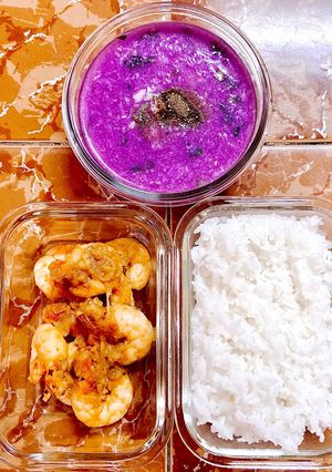 Hình của món Cơm ngon nhà Huý 🏡: Tôm rim - Canh khoai mỡ nấu tôm.