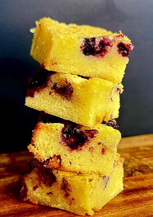 A picture of Blue Berry white chocolate brownie.