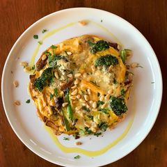 A picture of Omelette, mushroom, broccoli & soft Gorgonzola.