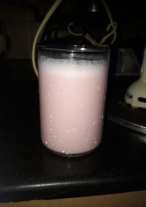 A picture of Roohafza strawberry shake.