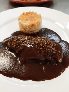 Una foto de Mole poblano con arroz rojo (Puebla)