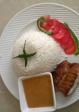 A picture of White rice, fish fillet and coconut gravy.