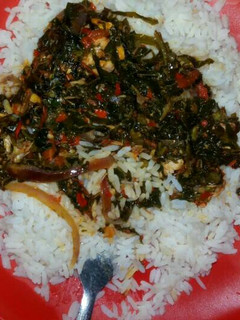 A picture of Vegetable stew with white rice.