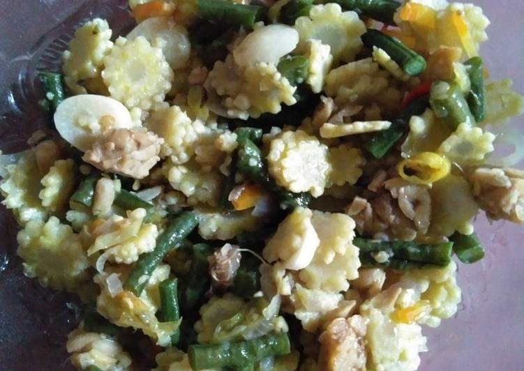 Tumis jagung muda campur kacang panjang dan tempe