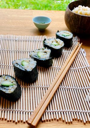 A picture of Cucumber and Wasabi Brown Sushi Rolls.