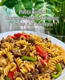 Pasta spiral goreng daging cincang ala melayu