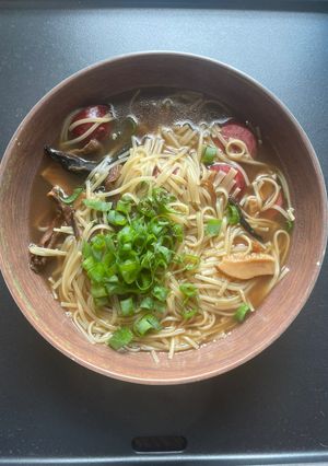 A picture of Kari’s bone broth noodle soup.