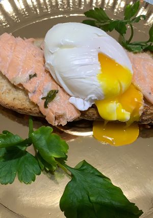 A picture of Toasted Bread with Salmon and Poached Egg.