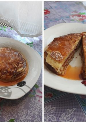 O poză a rețetei Clătite americane cu banane, dulceață și sirop de cătină.