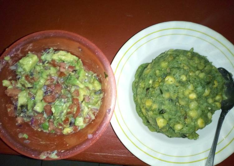 Mokimo(peas,maize,potatoes and pumpkin leaves) with kachumbari