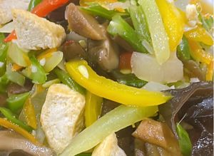 Foto resep Tumis kundur tahu paprika jamur labu japan buncis Vegan