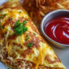 Cheesy Chicken Cheese Omelette with Hash Browns A picture of Cheesy Chicken Cheese Omelette with Hash Browns.