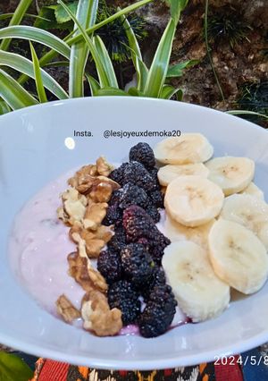 Une photo de Bowl 🥣 banane 🍌 yaourt, mûre violette 🍇 et noix