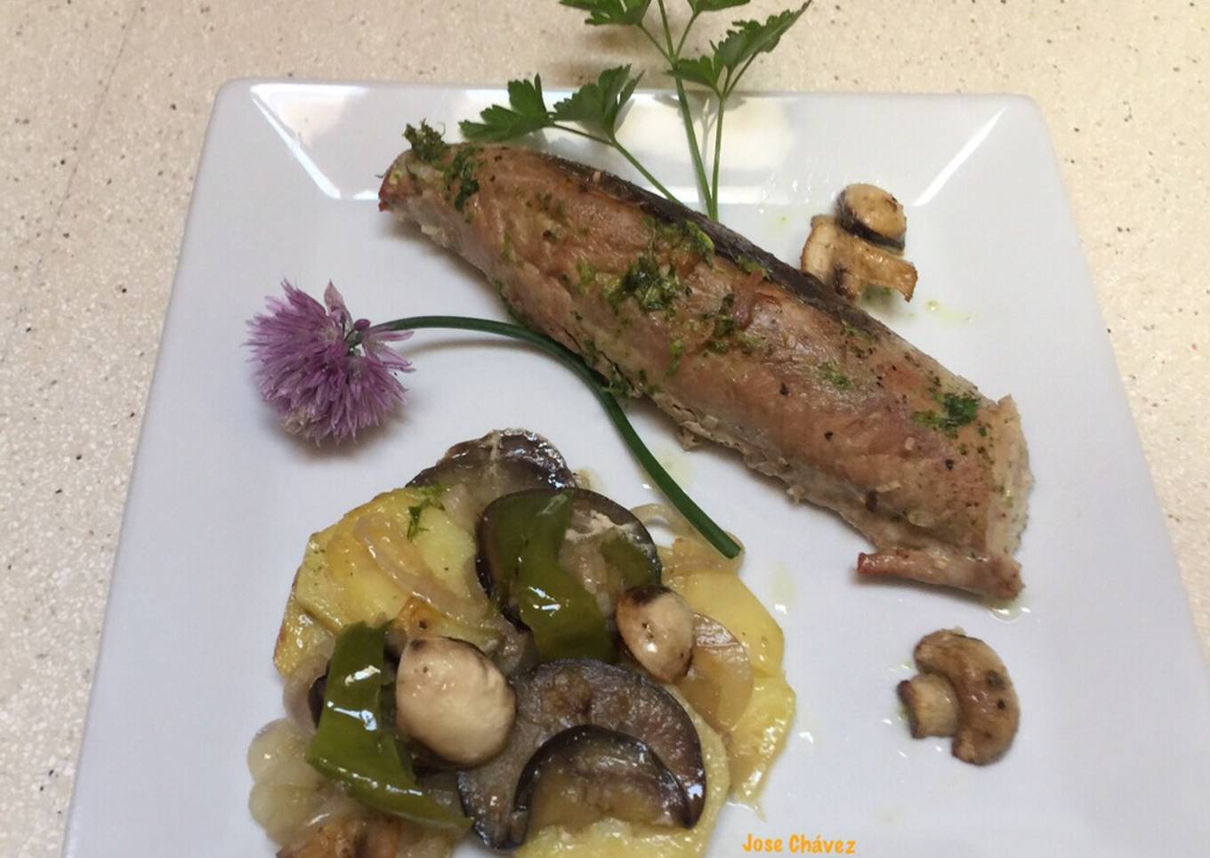 Lomos de Atún fresco con verduras y champiñones