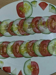 A picture of Tomato and cucumber salad.