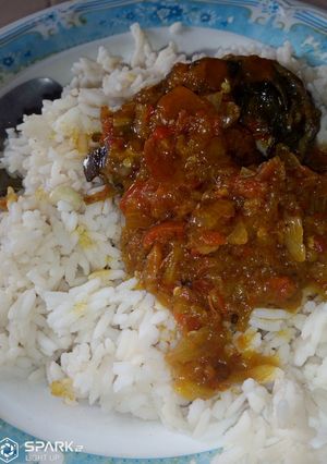 A picture of Rice and stew with fish #Mukomakitchen.