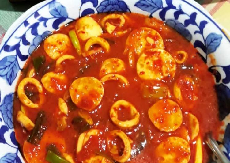 Resep Cumi pedas saos padang mix tofu udang and bakso seafood Anti Gagal