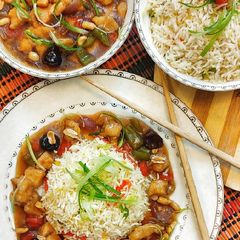 A picture of Kungpao chicken with fried rice in one hour.