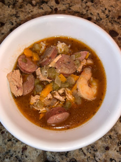 A picture of Gumbo: Shrimp, Chicken and Andouille Sausage.
